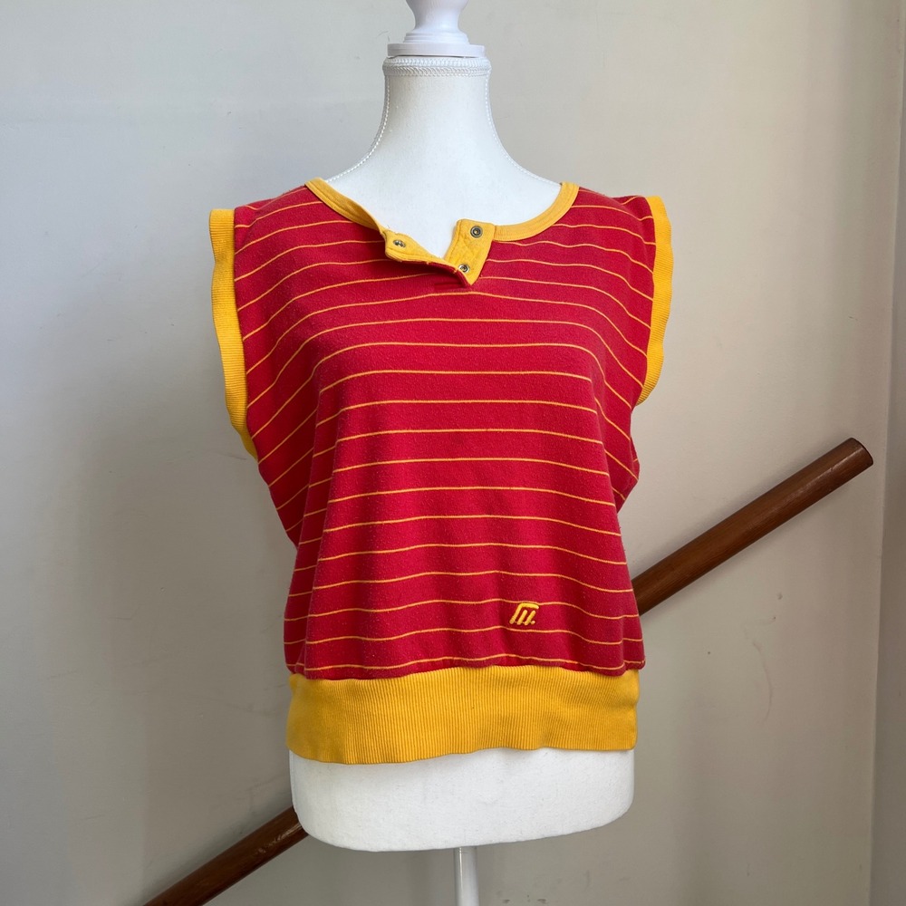 Vintage 80s Sleeveless Henley Top Sporty Red Yellow Striped German Retro Shirt